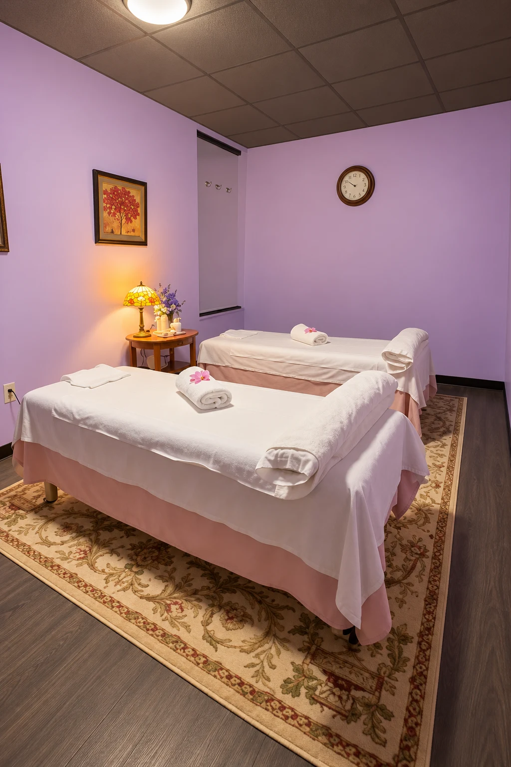 Two neatly prepared massage tables in a lavender room