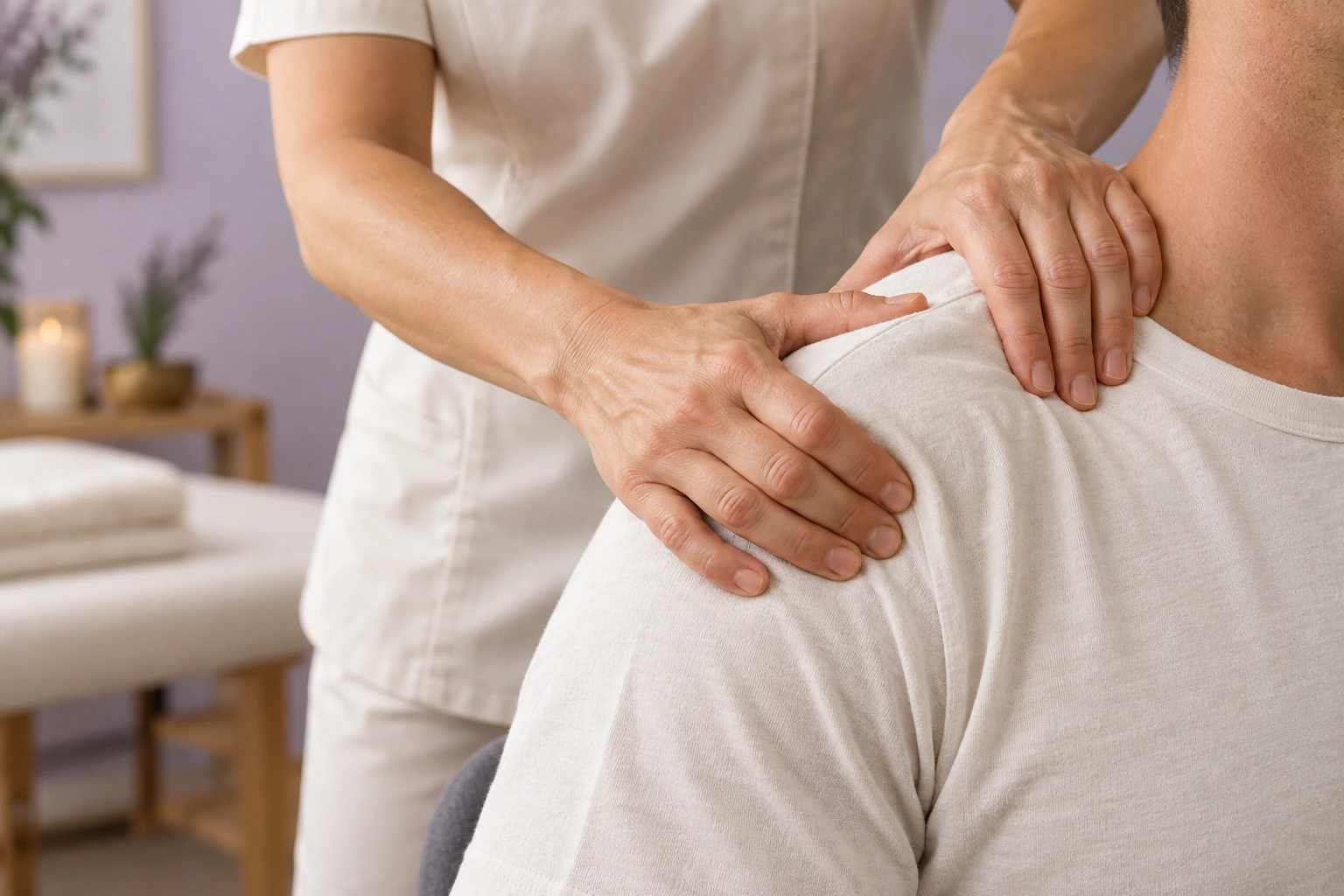 Illustrative professional shoulder massage over a cotton shirt
