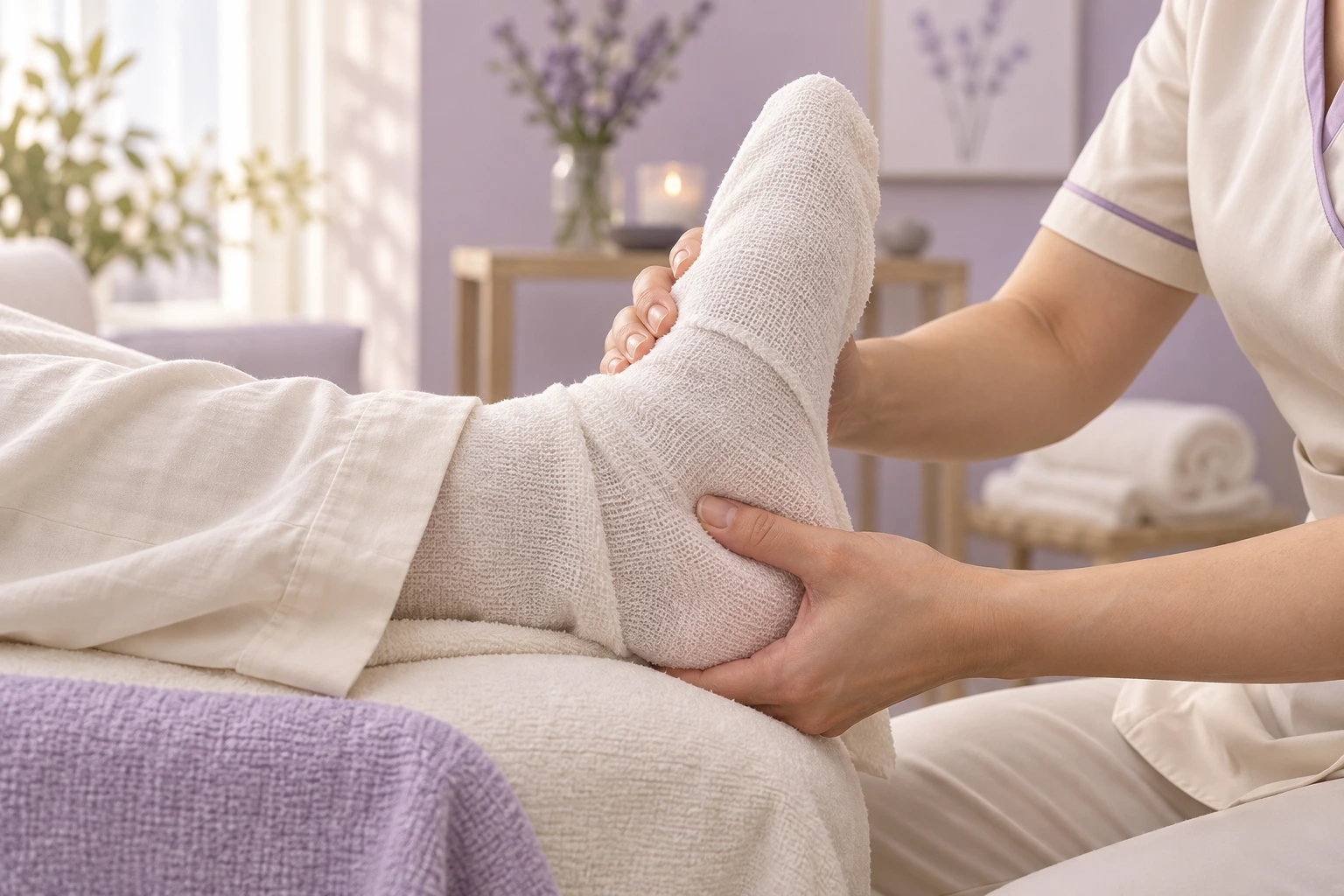 Illustrative foot massage through a soft cotton towel