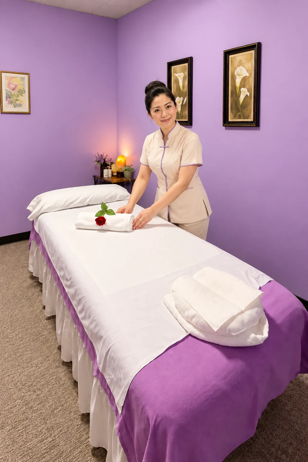 A prepared massage room with white linens, from supplied promotional imagery