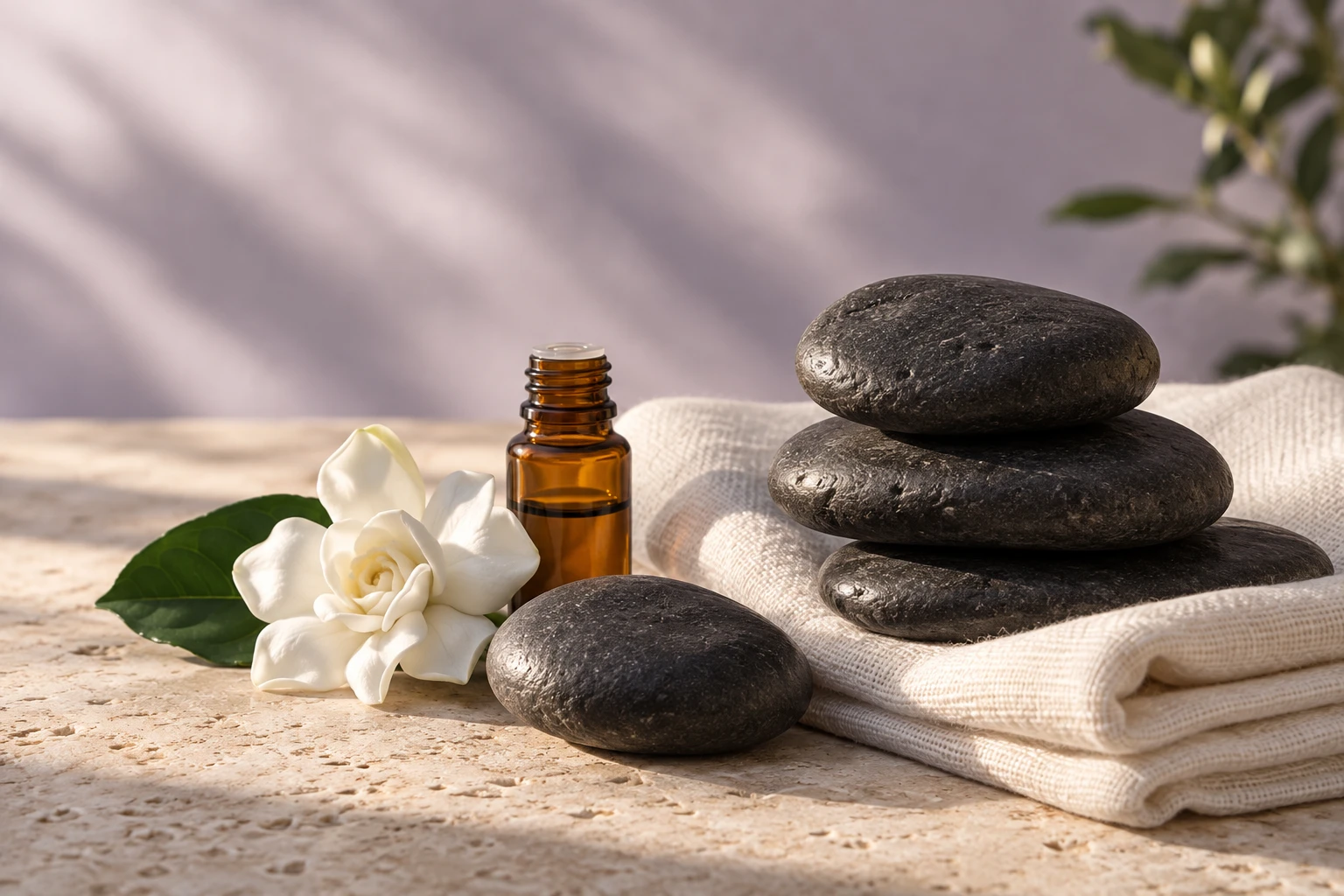 Illustrative hot-stone and essential-oil still life with a white gardenia