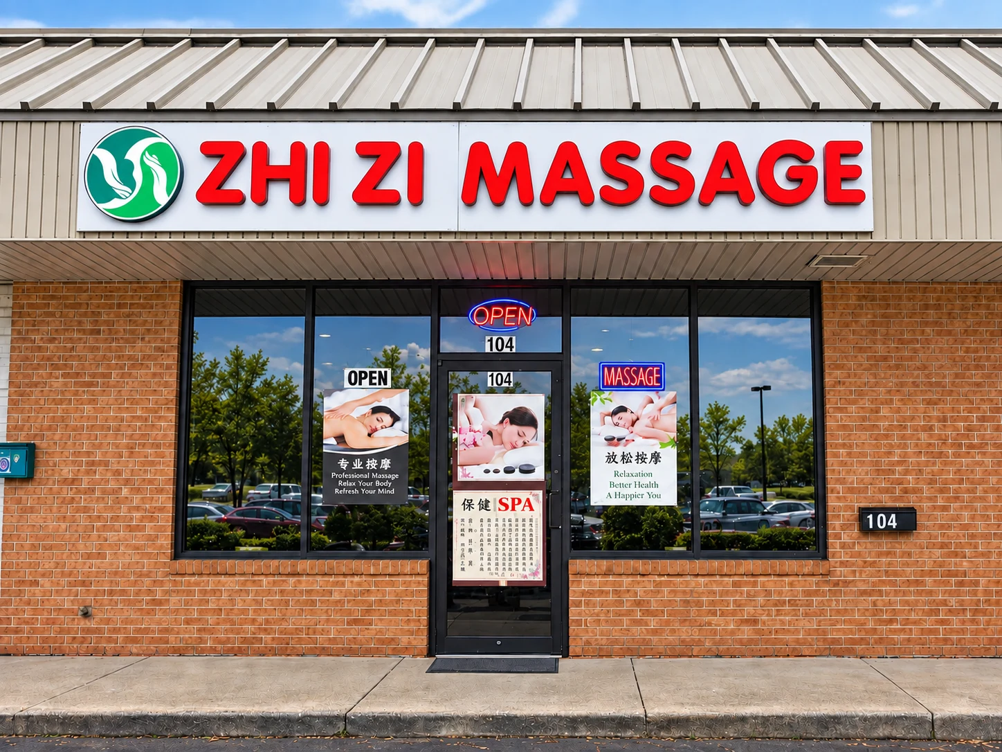 Zhi Zi Massage storefront with its red letter sign and glass entrance